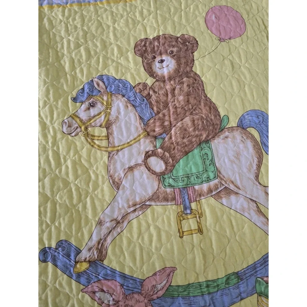 80s 90s Vintage Baby Quilt Top Teddy Bear Rocking Horse Gingham 43 X 34